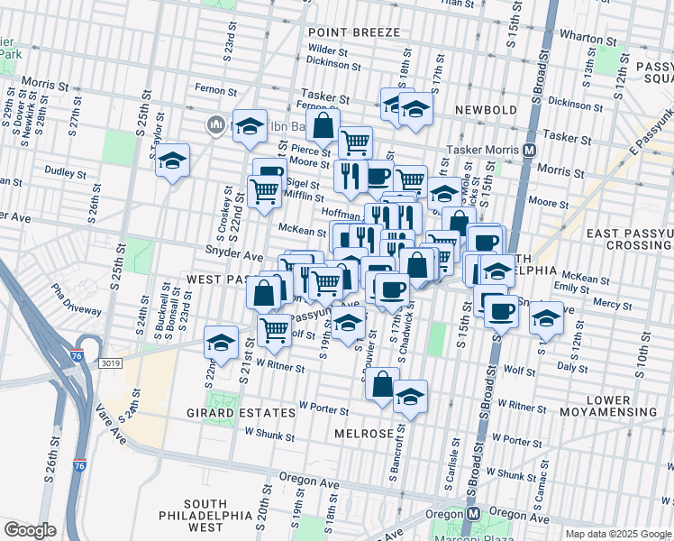 map of restaurants, bars, coffee shops, grocery stores, and more near Snyder Ave & S 19th St in Philadelphia
