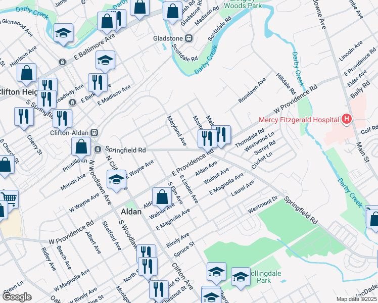 map of restaurants, bars, coffee shops, grocery stores, and more near 338 Springfield Road in Aldan