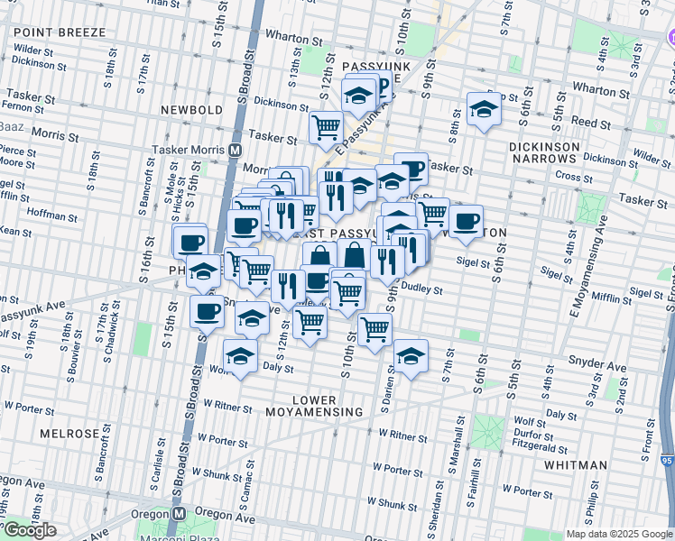 map of restaurants, bars, coffee shops, grocery stores, and more near 1924 South Warnock Street in Philadelphia