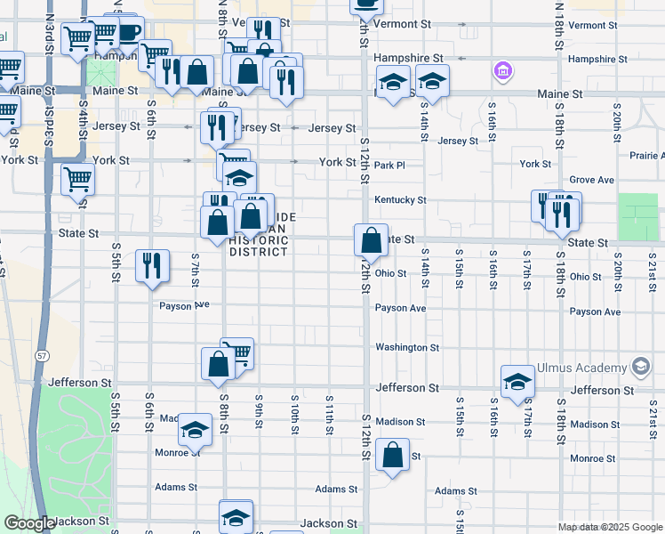 map of restaurants, bars, coffee shops, grocery stores, and more near 1101 Ohio Street in Quincy