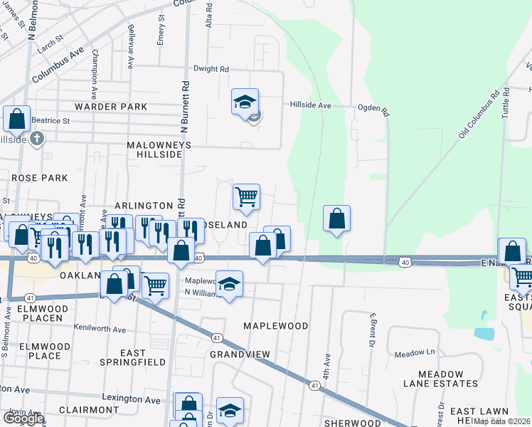 map of restaurants, bars, coffee shops, grocery stores, and more near 221 North Fostoria Avenue in Springfield