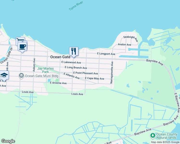 map of restaurants, bars, coffee shops, grocery stores, and more near 519 East Point Pleasant Avenue in Ocean Gate