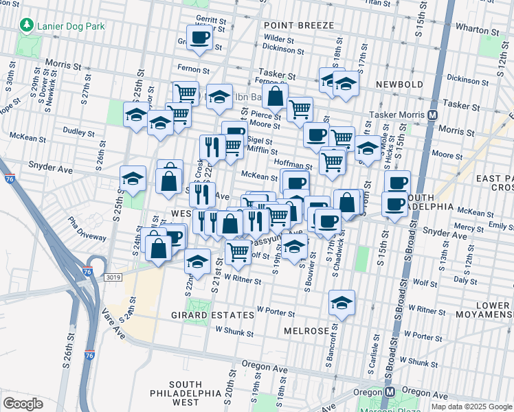 map of restaurants, bars, coffee shops, grocery stores, and more near 2104 South 20th Street in Philadelphia