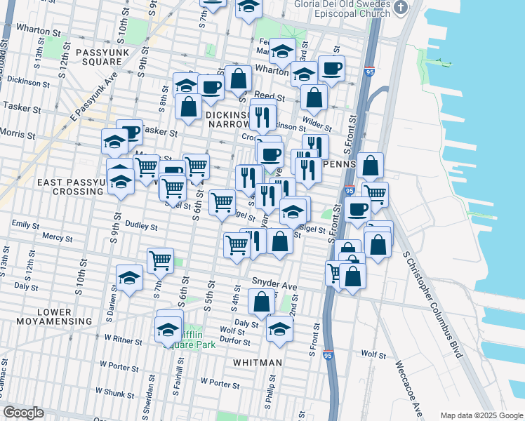 map of restaurants, bars, coffee shops, grocery stores, and more near 1816 East Moyamensing Avenue in Philadelphia
