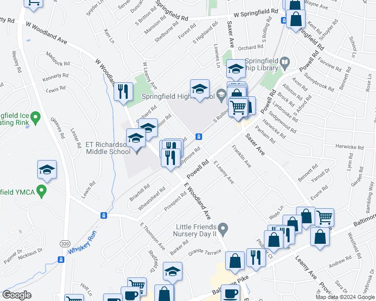 map of restaurants, bars, coffee shops, grocery stores, and more near 324 Ballymore Road in Springfield