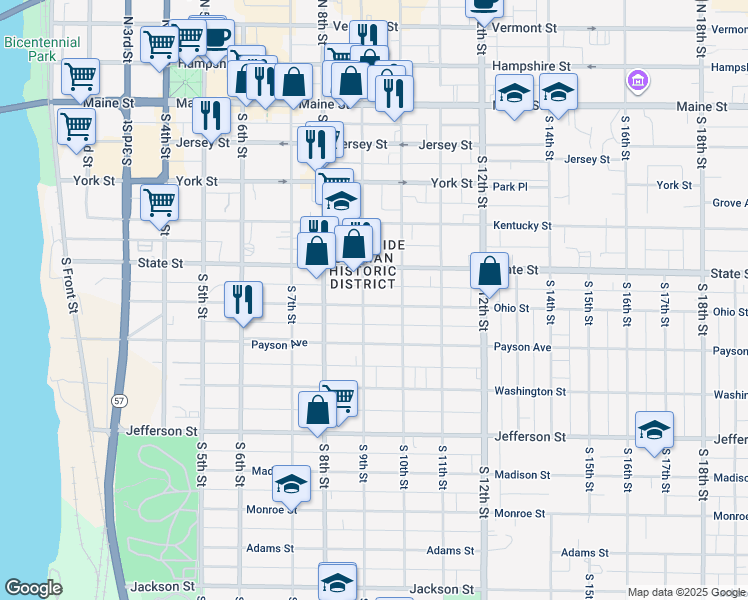 map of restaurants, bars, coffee shops, grocery stores, and more near 907 Ohio Street in Quincy
