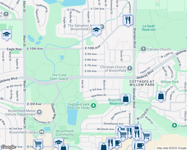 map of restaurants, bars, coffee shops, grocery stores, and more near 945 E Midway Blvd in Broomfield