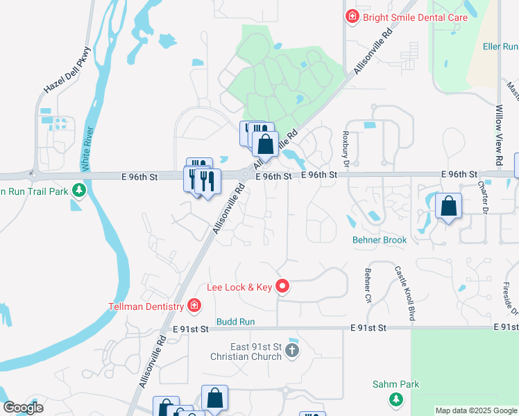 map of restaurants, bars, coffee shops, grocery stores, and more near 9460 San Jacinto Drive in Indianapolis