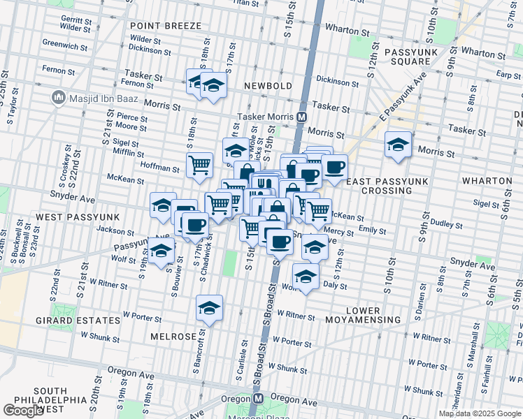 map of restaurants, bars, coffee shops, grocery stores, and more near 1437 West Passyunk Avenue in Philadelphia