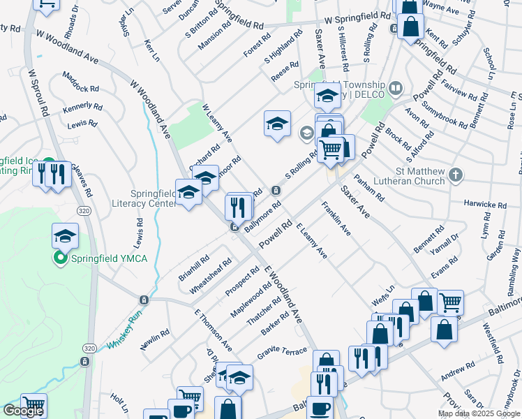 map of restaurants, bars, coffee shops, grocery stores, and more near 324 Ballymore Road in Springfield