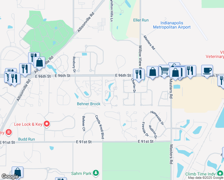 map of restaurants, bars, coffee shops, grocery stores, and more near 9490 Aberdare Drive in Indianapolis
