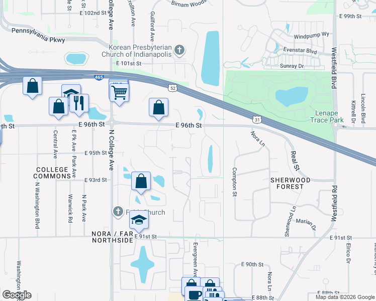 map of restaurants, bars, coffee shops, grocery stores, and more near 9517 Longwell Drive in Indianapolis