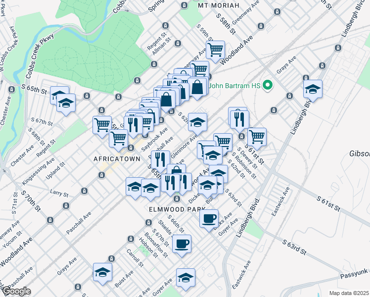 map of restaurants, bars, coffee shops, grocery stores, and more near 6300 Glenmore Avenue in Philadelphia