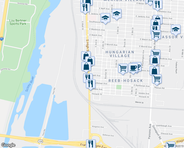 map of restaurants, bars, coffee shops, grocery stores, and more near 14 Reeb Avenue in Columbus