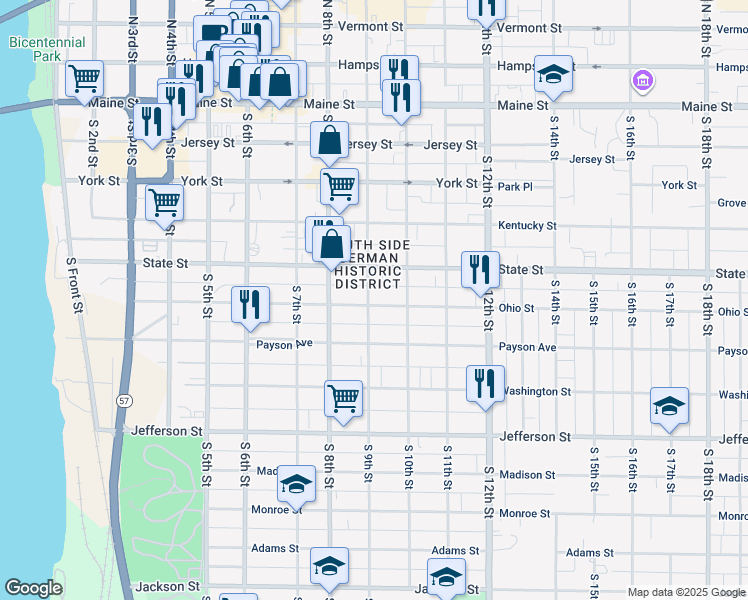 map of restaurants, bars, coffee shops, grocery stores, and more near 907 Ohio Street in Quincy
