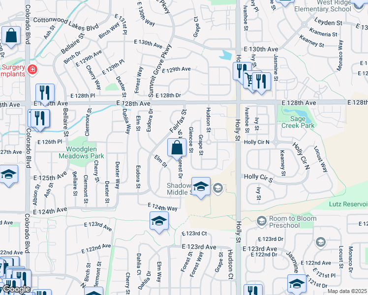 map of restaurants, bars, coffee shops, grocery stores, and more near 12720 Forest Street in Thornton