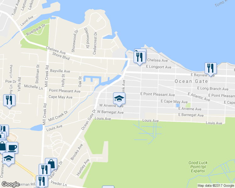 map of restaurants, bars, coffee shops, grocery stores, and more near 116 West Point Pleasant Avenue in Ocean Gate