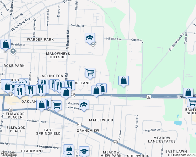 map of restaurants, bars, coffee shops, grocery stores, and more near 221 North Fostoria Avenue in Springfield