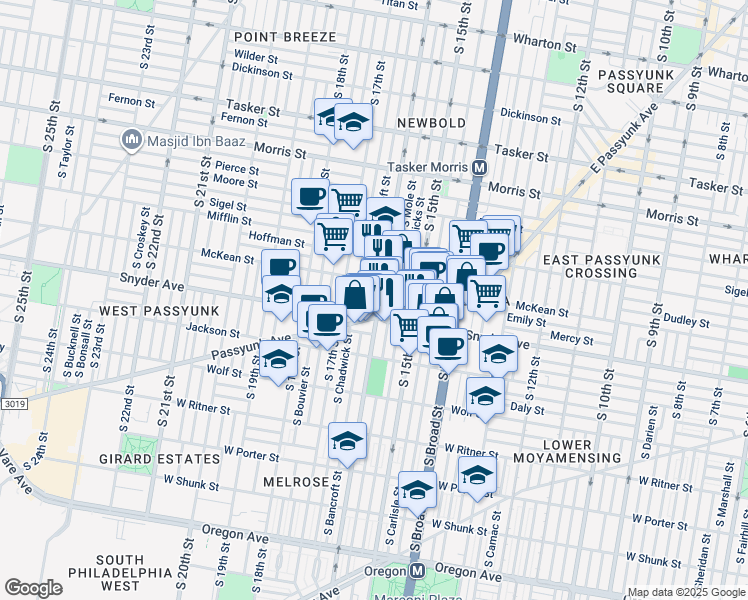 map of restaurants, bars, coffee shops, grocery stores, and more near 2024 South 16th Street in Philadelphia