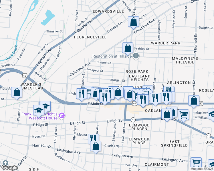 map of restaurants, bars, coffee shops, grocery stores, and more near 1710 Warder St in Springfield