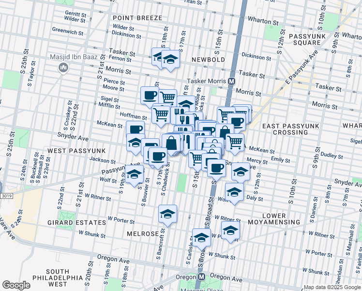 map of restaurants, bars, coffee shops, grocery stores, and more near 2024 South 16th Street in Philadelphia