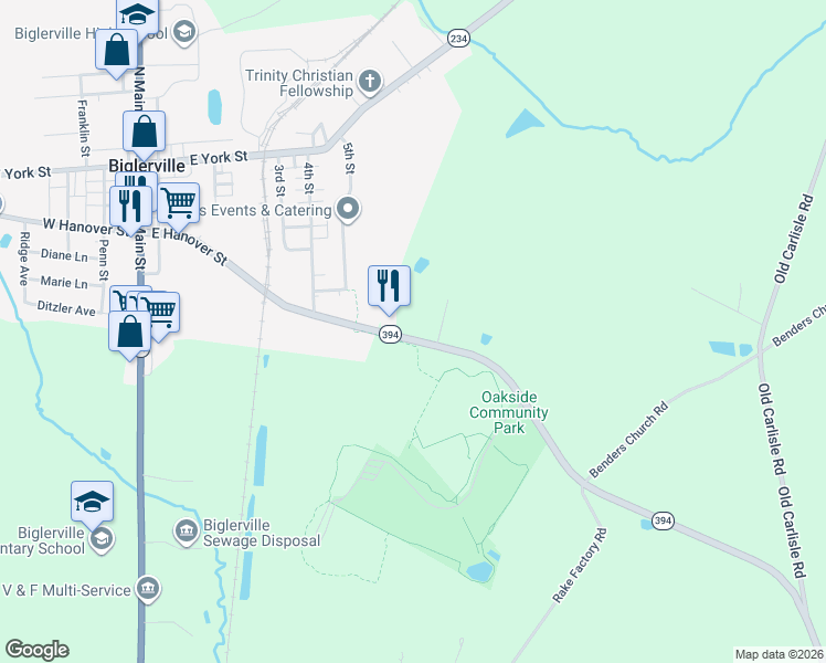 map of restaurants, bars, coffee shops, grocery stores, and more near 3055 Table Rock Road in Biglerville