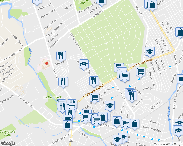map of restaurants, bars, coffee shops, grocery stores, and more near 1233 Edgehill Road in Darby