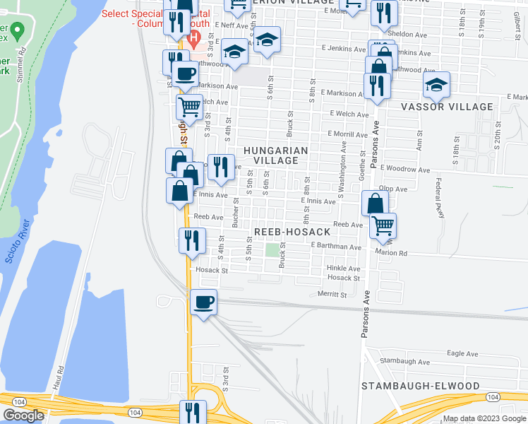 map of restaurants, bars, coffee shops, grocery stores, and more near 1813 South 6th Street in Columbus