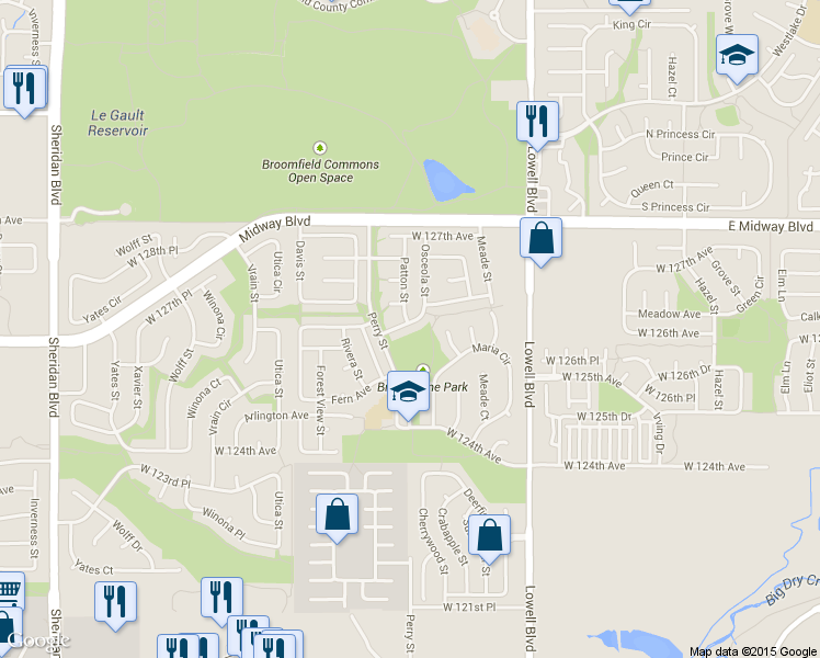 map of restaurants, bars, coffee shops, grocery stores, and more near 3946 W 126th Ave in Broomfield