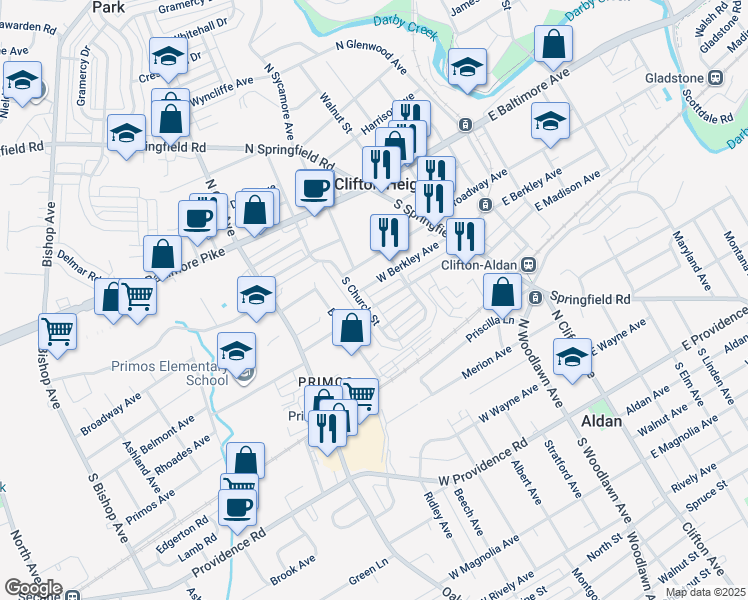 map of restaurants, bars, coffee shops, grocery stores, and more near 149 West Madison Avenue in Clifton Heights