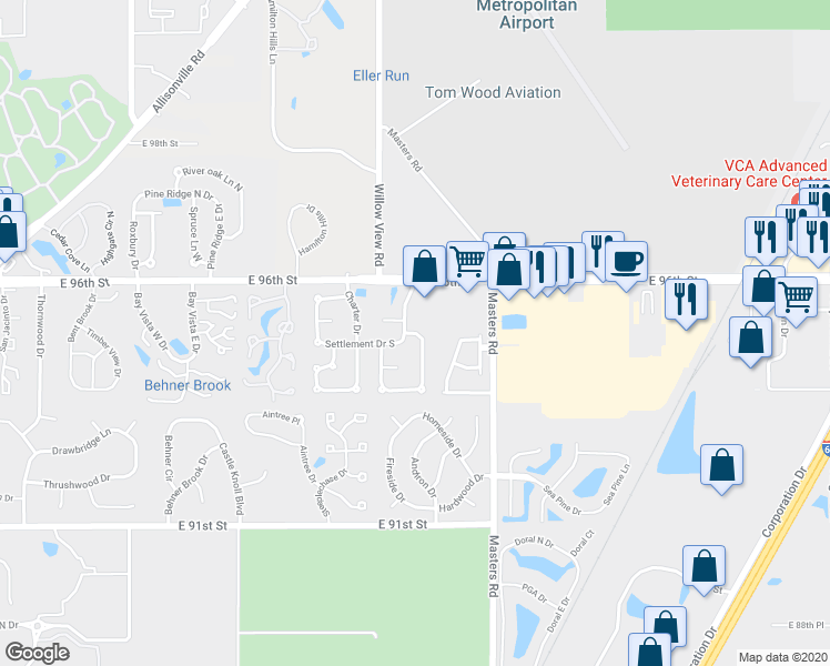 map of restaurants, bars, coffee shops, grocery stores, and more near 9478 Colony Pointe East Drive in Indianapolis