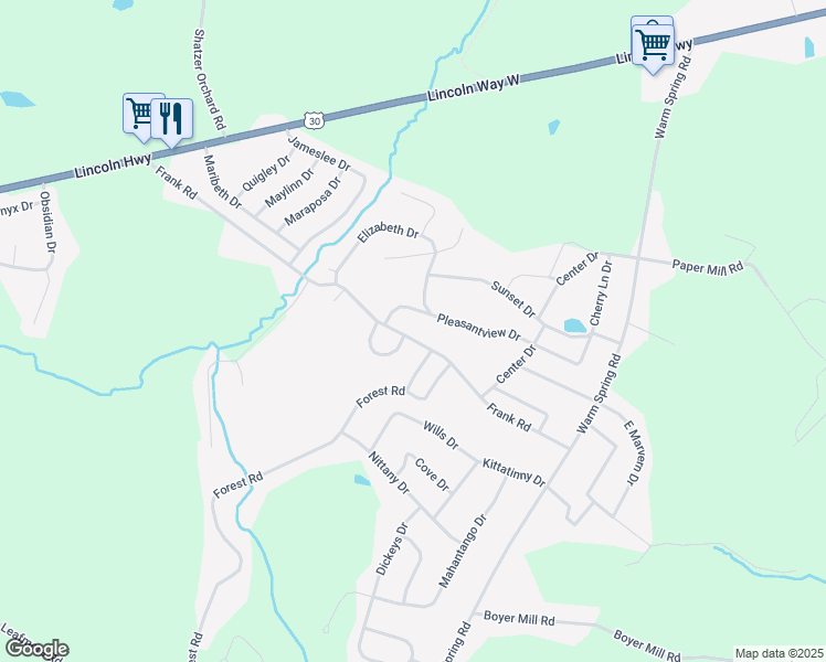 map of restaurants, bars, coffee shops, grocery stores, and more near 1545 Frank Road in Chambersburg