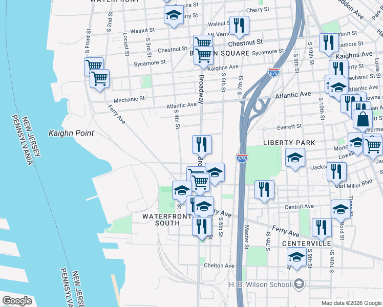 map of restaurants, bars, coffee shops, grocery stores, and more near 1539 Broadway in Camden