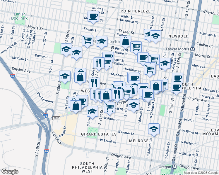 map of restaurants, bars, coffee shops, grocery stores, and more near 2104 South Woodstock Street in Philadelphia