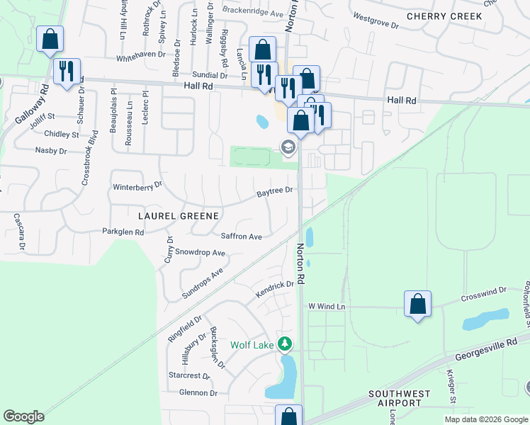 map of restaurants, bars, coffee shops, grocery stores, and more near 1285 Peppercorn Drive in Galloway