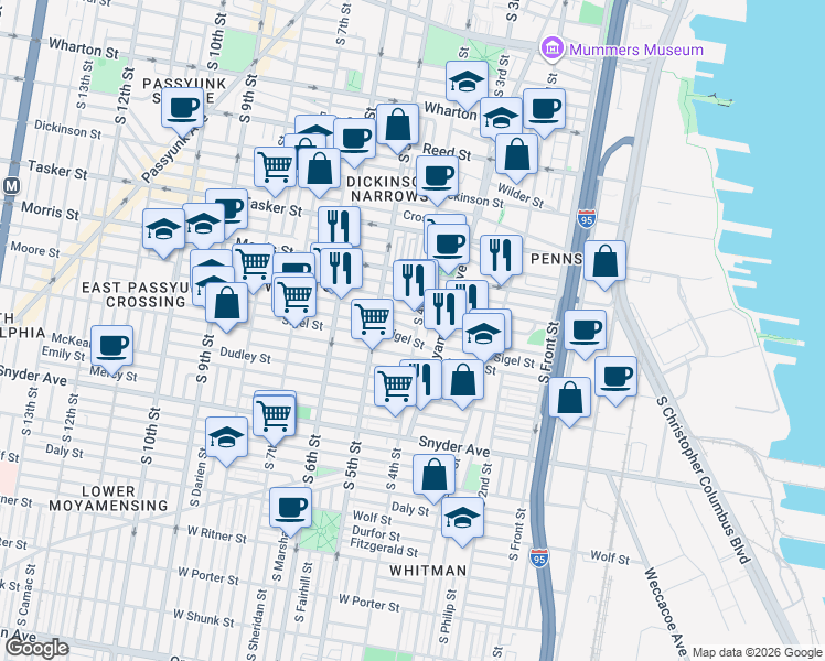 map of restaurants, bars, coffee shops, grocery stores, and more near 1814 South 4th Street in Philadelphia
