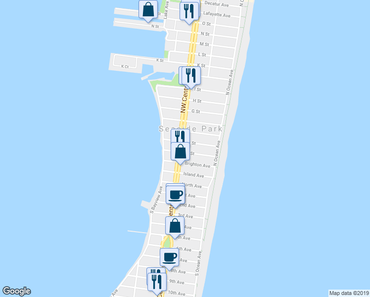 map of restaurants, bars, coffee shops, grocery stores, and more near 304 Northeast Central Avenue in Seaside Park