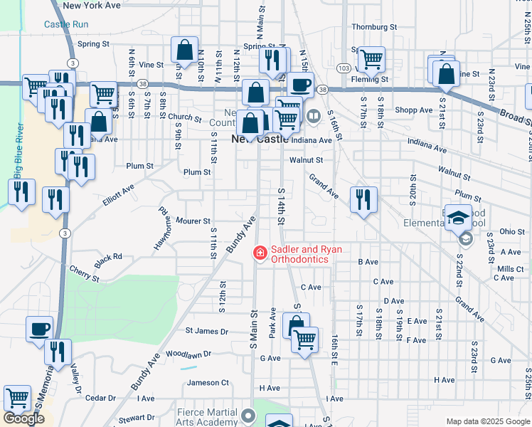 map of restaurants, bars, coffee shops, grocery stores, and more near 634 South Main Street in New Castle