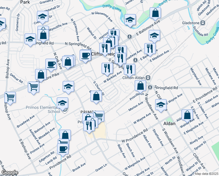 map of restaurants, bars, coffee shops, grocery stores, and more near 120 West Madison Avenue in Clifton Heights