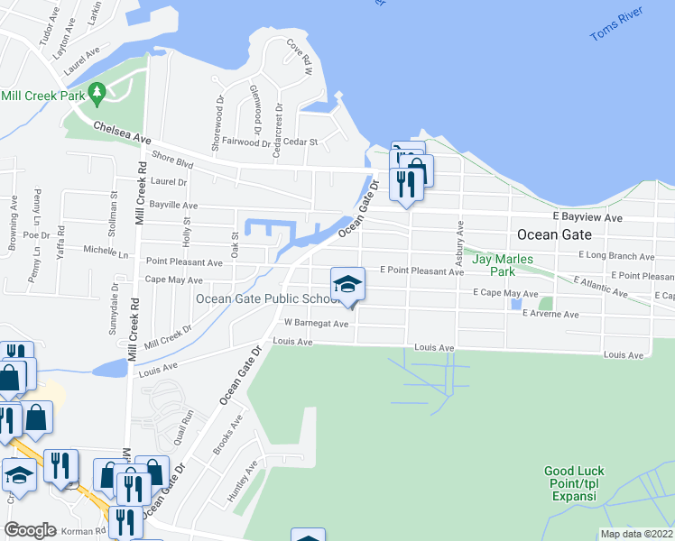map of restaurants, bars, coffee shops, grocery stores, and more near 124 West Point Pleasant Avenue in Ocean Gate