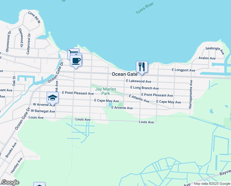 map of restaurants, bars, coffee shops, grocery stores, and more near 716 Stone Harbor Avenue in Ocean Gate
