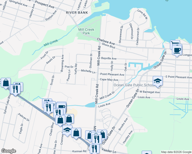 map of restaurants, bars, coffee shops, grocery stores, and more near 110 Mill Creek Road in Berkeley Township