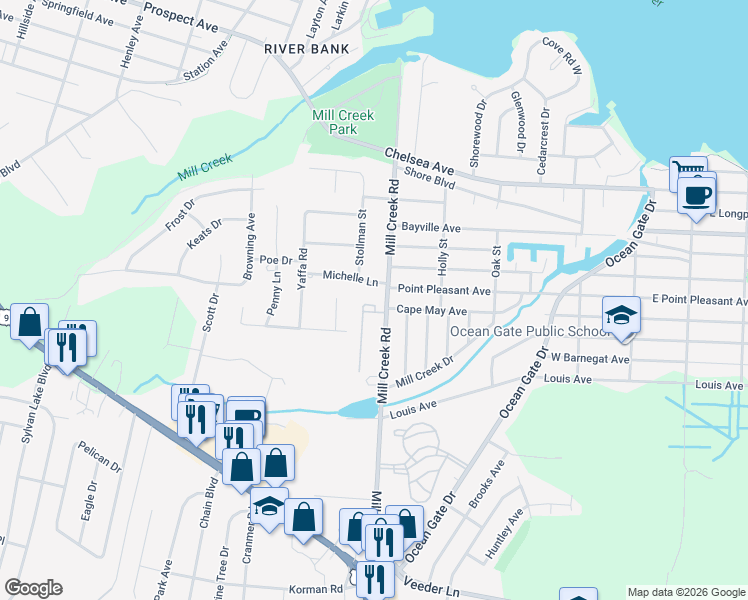 map of restaurants, bars, coffee shops, grocery stores, and more near 110 Mill Creek Road in Ocean County