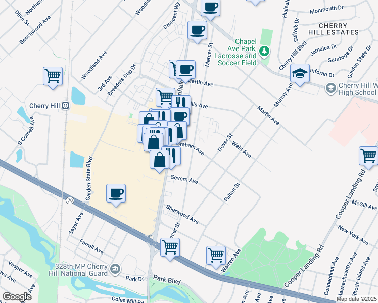 map of restaurants, bars, coffee shops, grocery stores, and more near 903 Mercer St in Cherry Hill