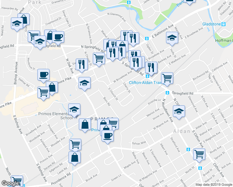 map of restaurants, bars, coffee shops, grocery stores, and more near 149 West Madison Avenue in Clifton Heights