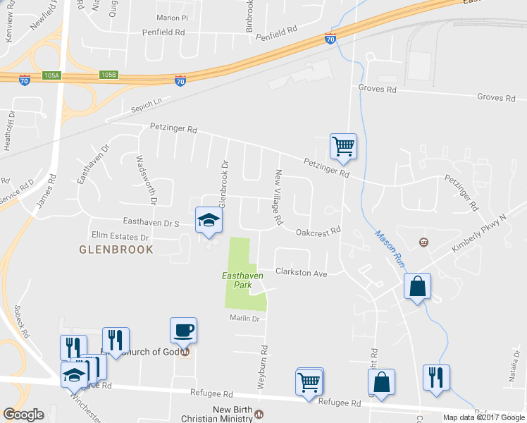 map of restaurants, bars, coffee shops, grocery stores, and more near 2266 Meridian Court in Columbus