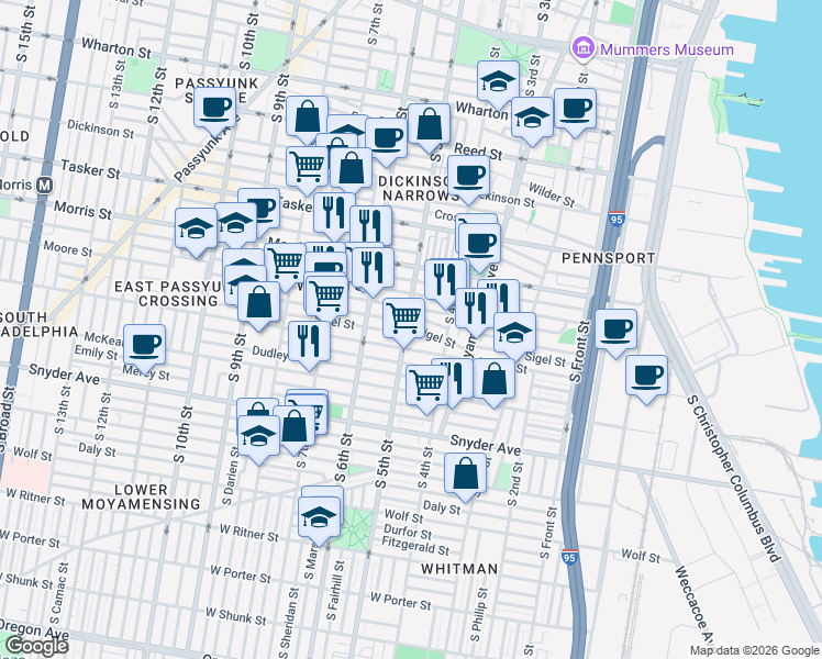map of restaurants, bars, coffee shops, grocery stores, and more near 1820 South 5th Street in Philadelphia