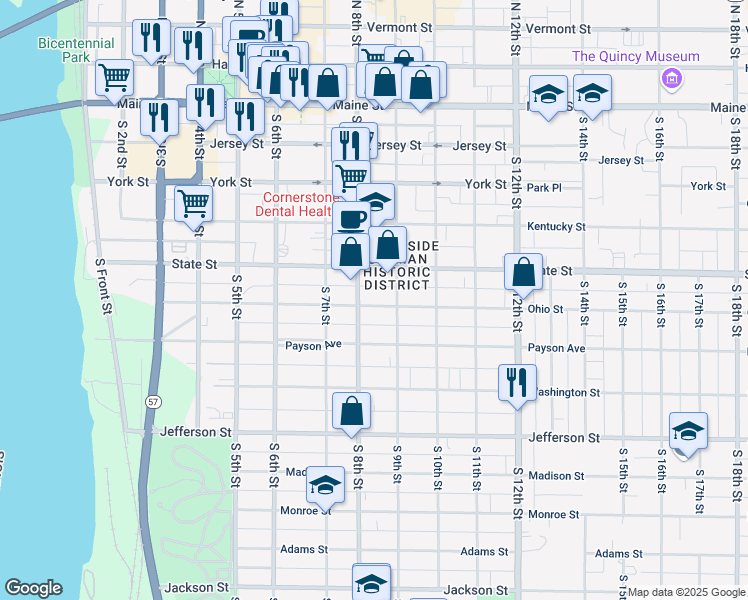 map of restaurants, bars, coffee shops, grocery stores, and more near 817 Ohio Street in Quincy