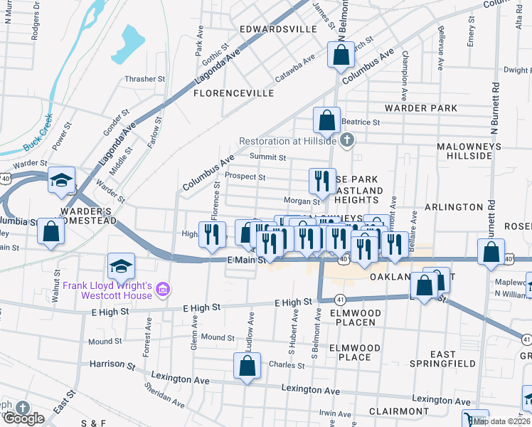 map of restaurants, bars, coffee shops, grocery stores, and more near 1710 Warder Street in Springfield