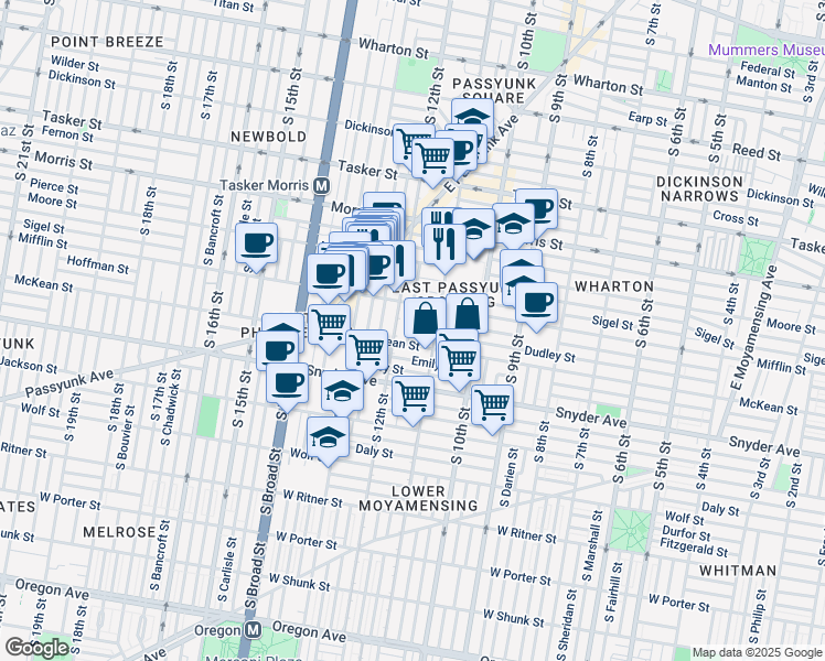 map of restaurants, bars, coffee shops, grocery stores, and more near 1927 South Sartain Street in Philadelphia